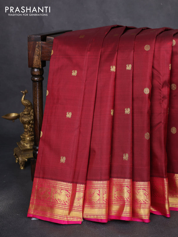 Pure kanchipuram silk saree maroon and pink with annam & rudhraksha zari woven buttas and rich zari woven border