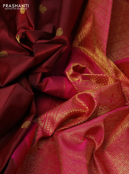 Pure kanchipuram silk saree maroon and pink with annam & rudhraksha zari woven buttas and rich zari woven border
