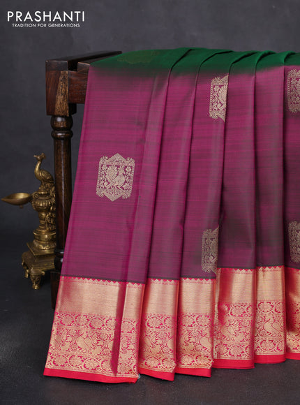Pure kanchipuram silk saree dual shade of greenish purple and pink with zari woven buttas and rich zari woven border