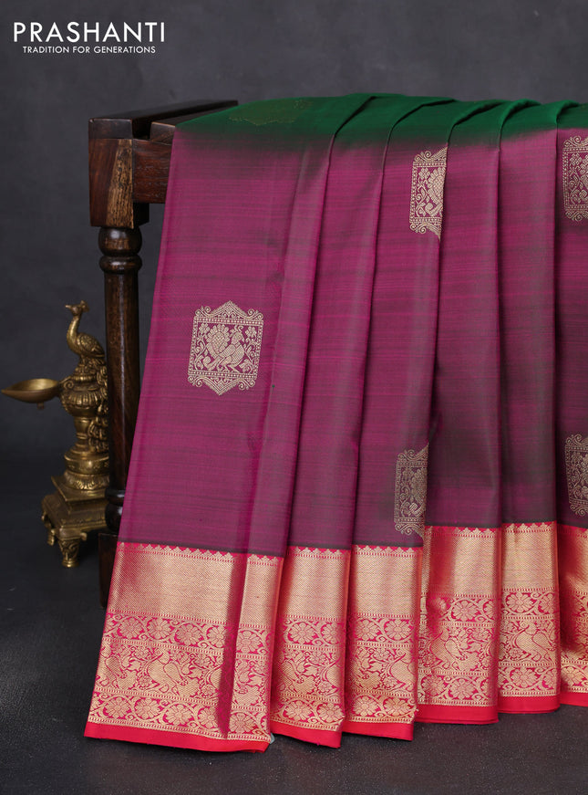 Pure kanchipuram silk saree dual shade of greenish purple and pink with zari woven buttas and rich zari woven border