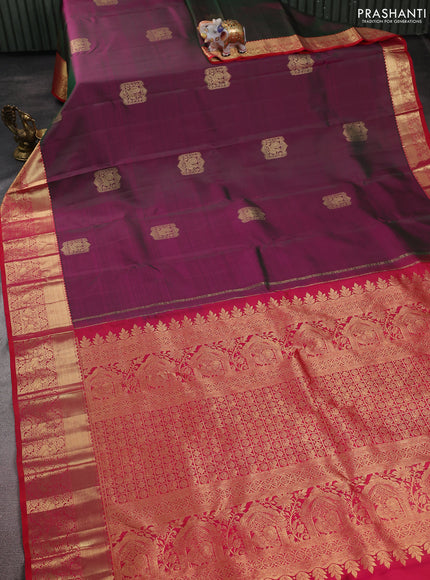Pure kanchipuram silk saree dual shade of greenish purple and pink with zari woven buttas and rich zari woven border