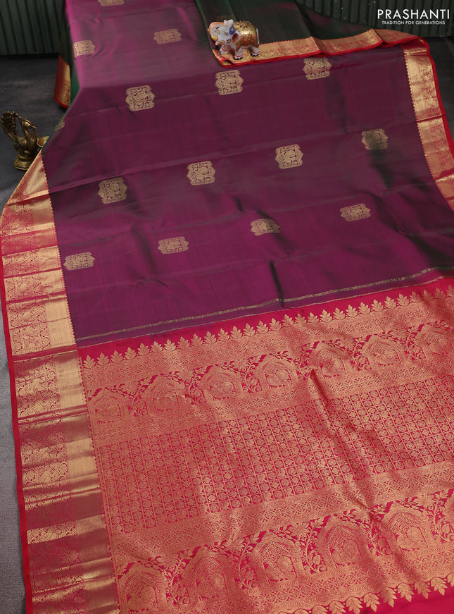 Pure kanchipuram silk saree dual shade of greenish purple and pink with zari woven buttas and rich zari woven border