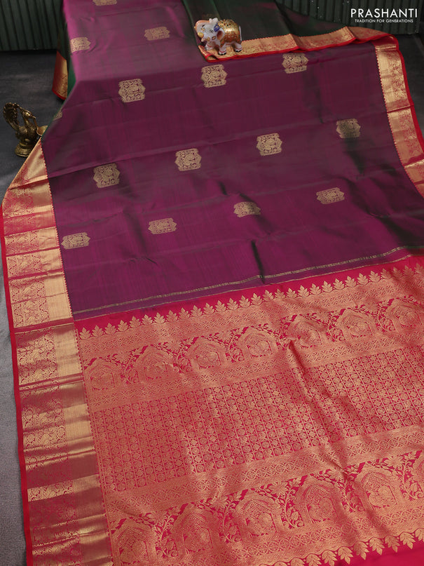 Pure kanchipuram silk saree dual shade of greenish purple and pink with zari woven buttas and rich zari woven border
