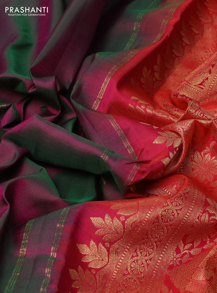 Pure kanchipuram silk saree dual shade of greenish purple and pink with zari woven buttas and rich zari woven border