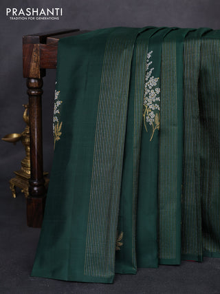 Pure kanchipuram silk saree bottle green and pink with allover silver & gold zari weaves in borderless style