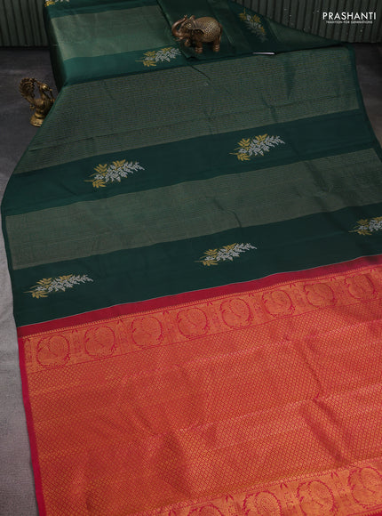 Pure kanchipuram silk saree bottle green and pink with allover silver & gold zari weaves in borderless style