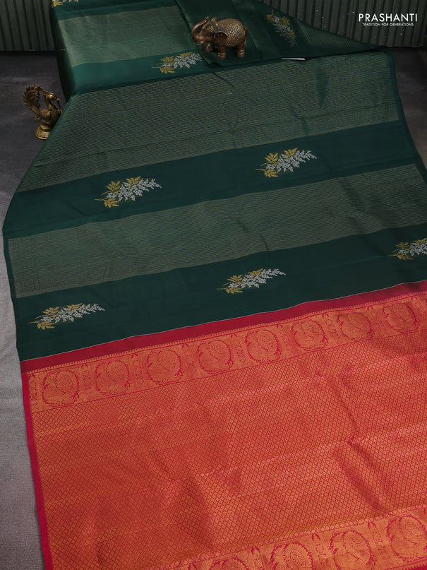 Pure kanchipuram silk saree bottle green and pink with allover silver & gold zari weaves in borderless style
