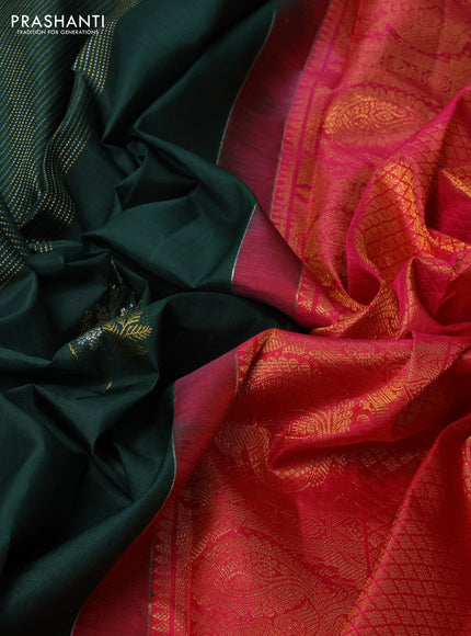 Pure kanchipuram silk saree bottle green and pink with allover silver & gold zari weaves in borderless style