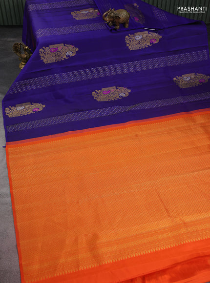 Pure kanchipuram silk saree blue and orange with allover silver & gold zari weaves in borderless style