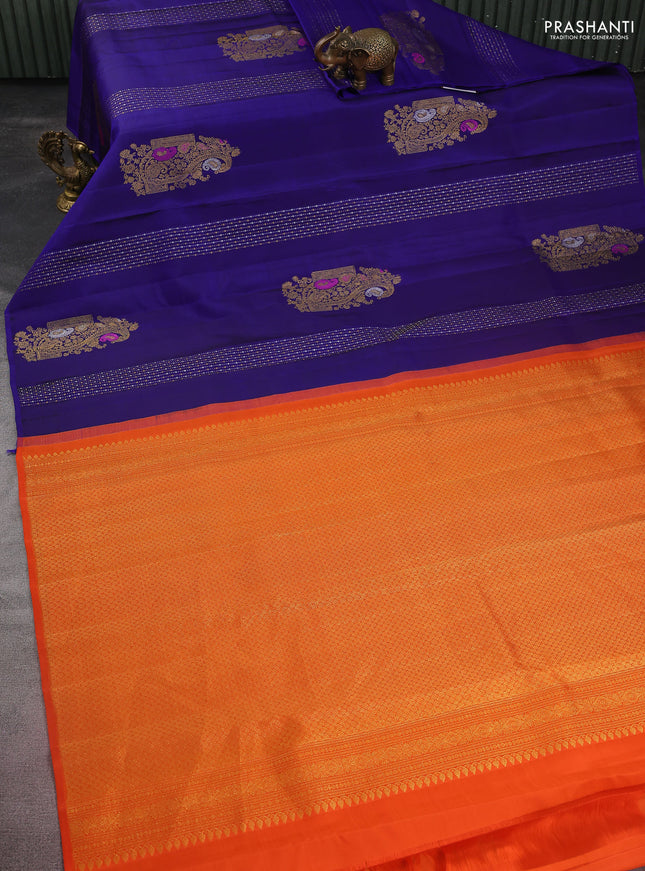 Pure kanchipuram silk saree blue and orange with allover silver & gold zari weaves in borderless style