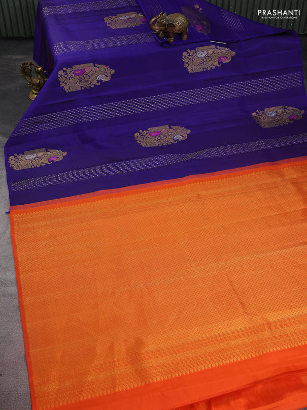 Pure kanchipuram silk saree blue and orange with allover silver & gold zari weaves in borderless style