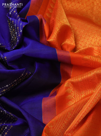 Pure kanchipuram silk saree blue and orange with allover silver & gold zari weaves in borderless style