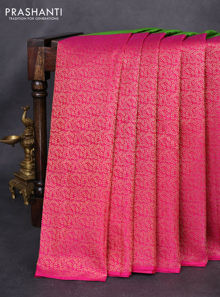 Pure kanchipuram silk saree dual shade of green and pink with half & half style and long zari woven border