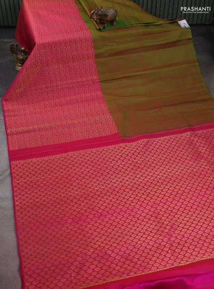 Pure kanchipuram silk saree dual shade of green and pink with half & half style and long zari woven border