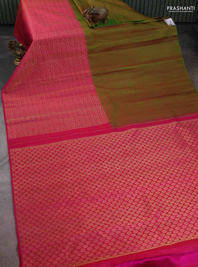 Pure kanchipuram silk saree dual shade of green and pink with half & half style and long zari woven border
