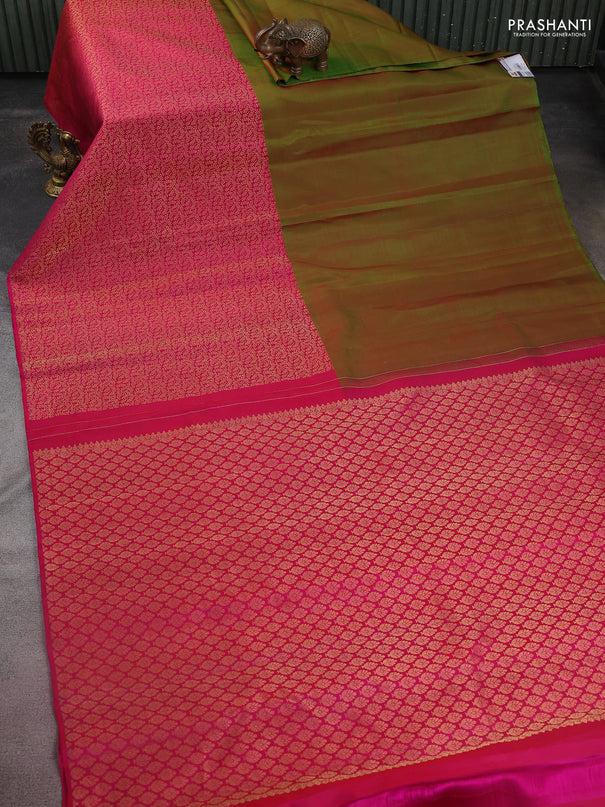 Pure kanchipuram silk saree dual shade of green and pink with half & half style and long zari woven border
