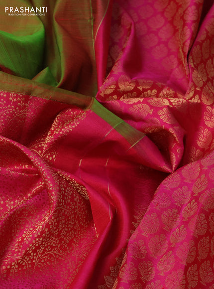 Pure kanchipuram silk saree dual shade of green and pink with half & half style and long zari woven border
