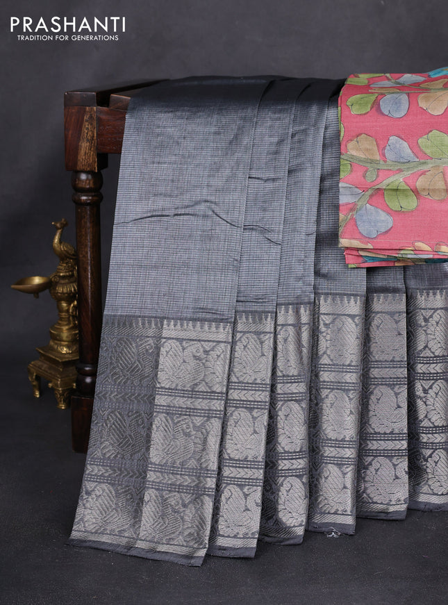 Mangalgiri silk cotton saree grey and maroon with plain body and silver zari woven border