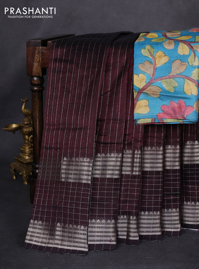 Mangalgiri silk cotton saree deep wine shade and cs blue with allover silver zari stripes pattern and silver zari woven border