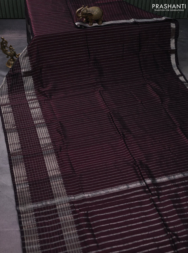 Mangalgiri silk cotton saree deep wine shade and cs blue with allover silver zari stripes pattern and silver zari woven border