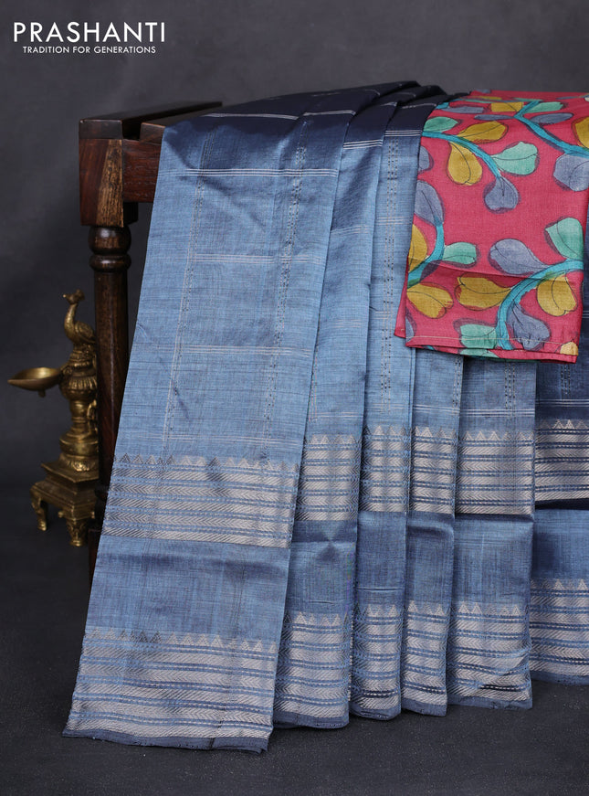 Mangalgiri silk cotton saree pastel greyish blue and maroon with allover silver zari checked pattern and silver zari woven border