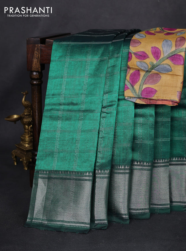 Mangalgiri silk cotton saree teal green and mustard yellow with allover silver zari checked pattern and silver zari woven border