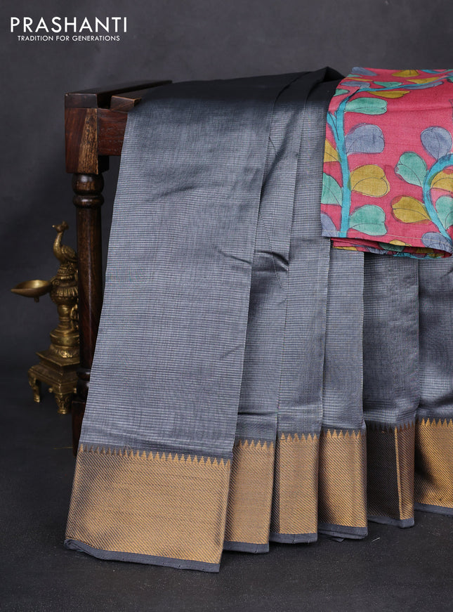 Mangalgiri silk cotton saree grey and maroon with palin body and zari woven border
