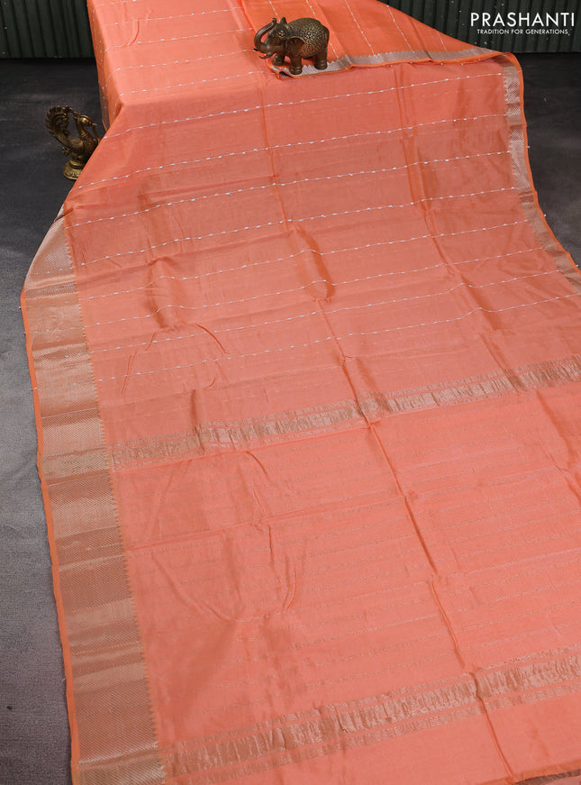 Mangalgiri silk cotton saree orange and blue with allover thread weaves and silver zari woven border