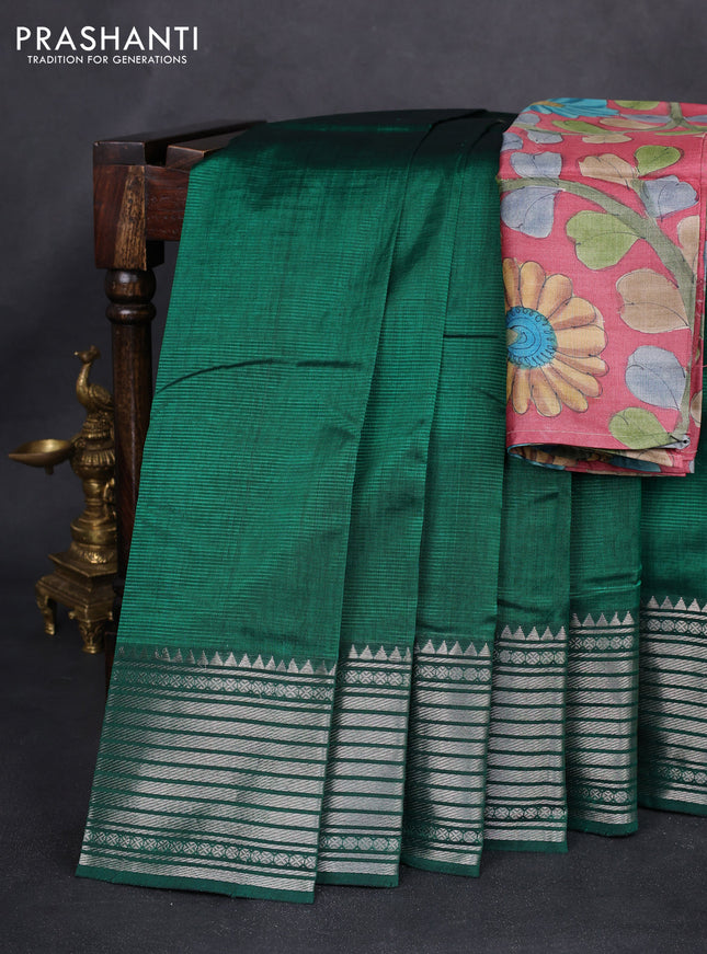 Mangalgiri silk cotton saree green and dark peach with palin body and silver zari woven border