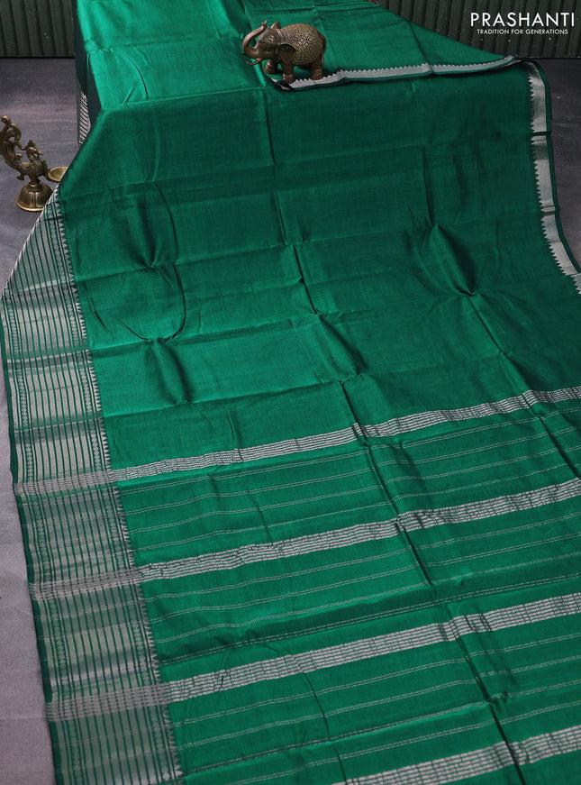 Mangalgiri silk cotton saree green and dark peach with palin body and silver zari woven border