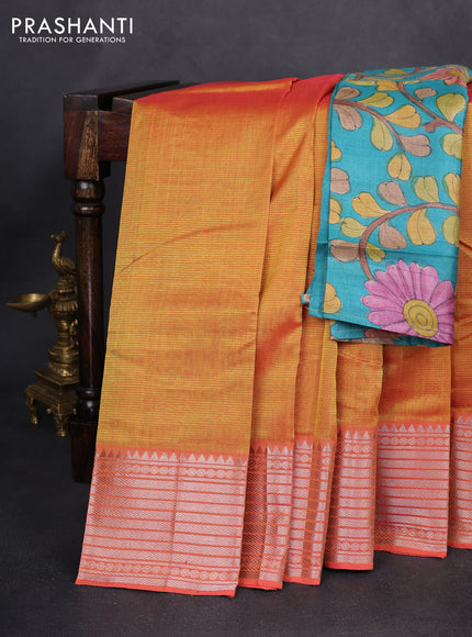 Mangalgiri silk cotton saree dual shade of yellowish oarnge and teal blue with palin body and silver zari woven border