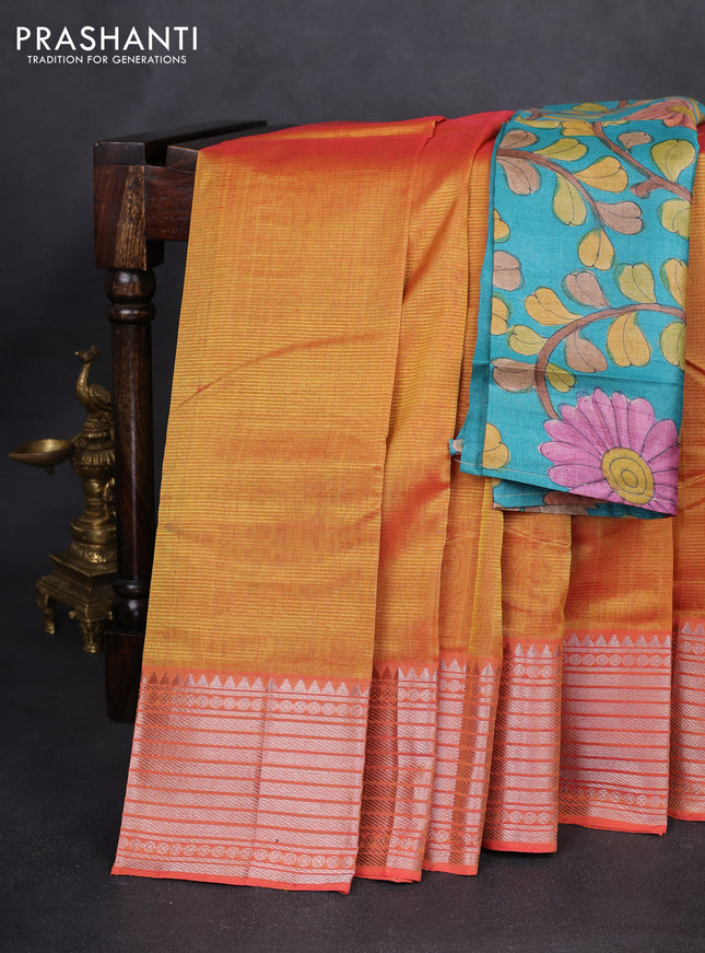 Mangalgiri silk cotton saree dual shade of yellowish oarnge and teal blue with palin body and silver zari woven border