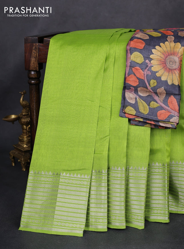 Mangalgiri silk cotton saree light green and dark grey with palin body and long silver zari woven border