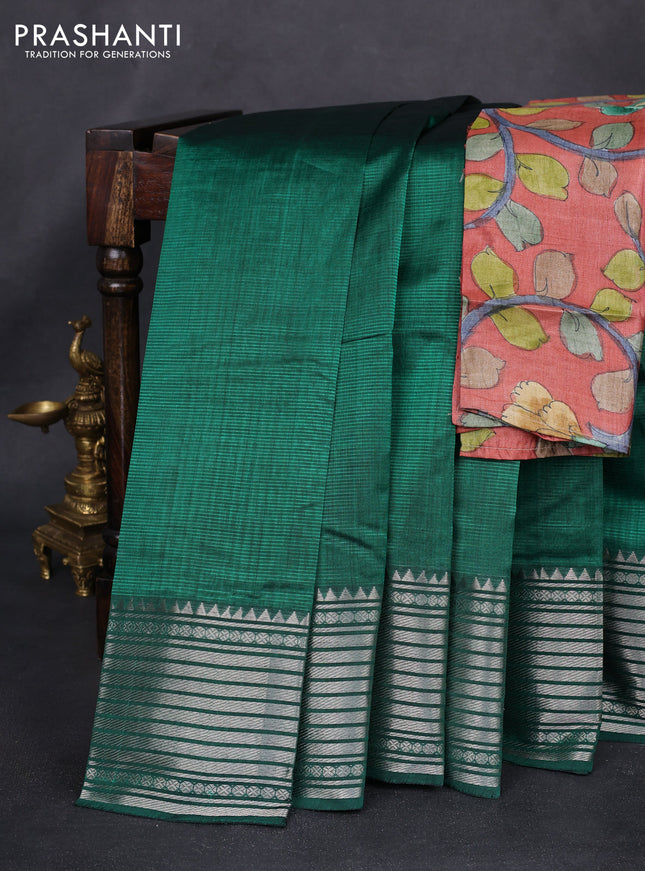 Mangalgiri silk cotton saree green and rust shade with palin body and silver zari woven border