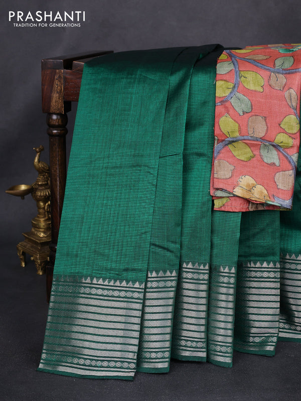 Mangalgiri silk cotton saree green and rust shade with palin body and silver zari woven border