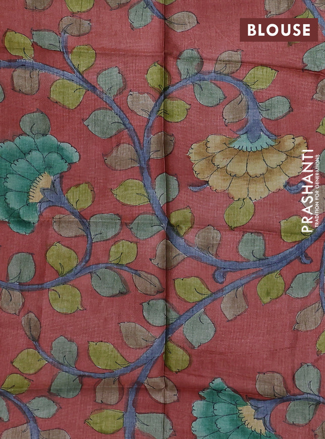 Mangalgiri silk cotton saree green and rust shade with palin body and silver zari woven border