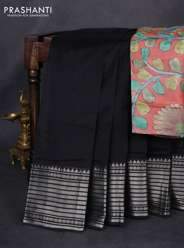 Mangalgiri silk cotton saree black and rust shade with palin body and silver zari woven border