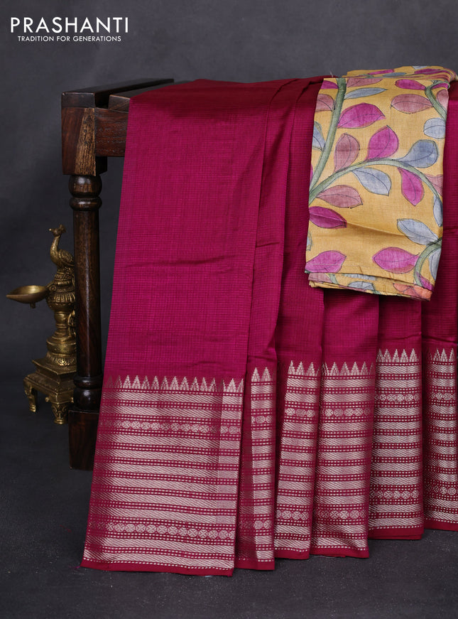 Mangalgiri silk cotton saree dark magenta pink and mustard yellow with palin body and long silver zari woven border