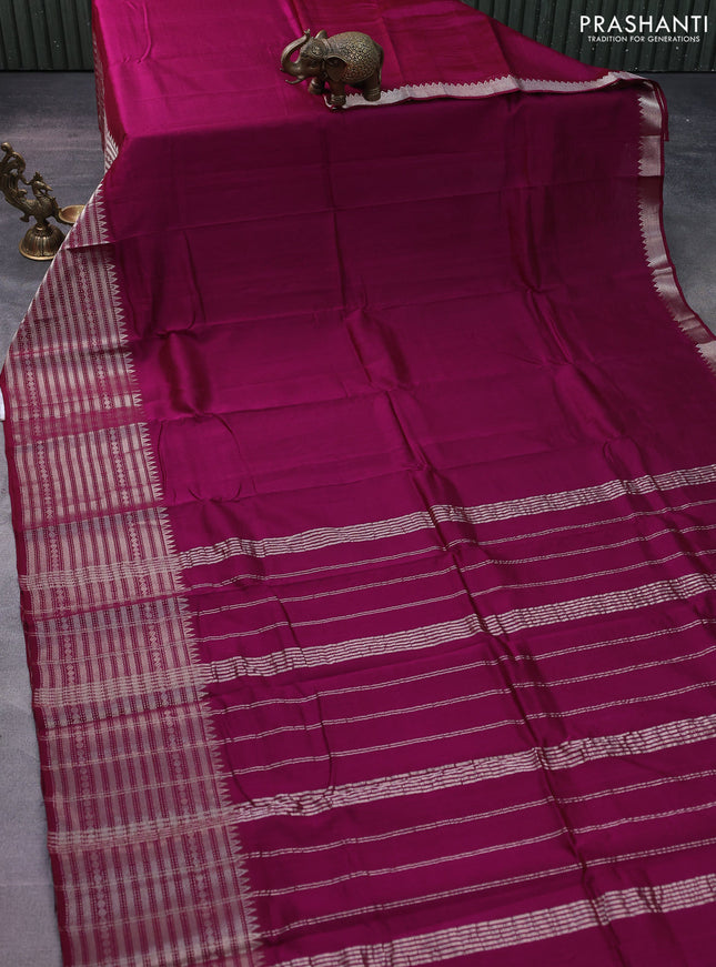 Mangalgiri silk cotton saree dark magenta pink and mustard yellow with palin body and long silver zari woven border