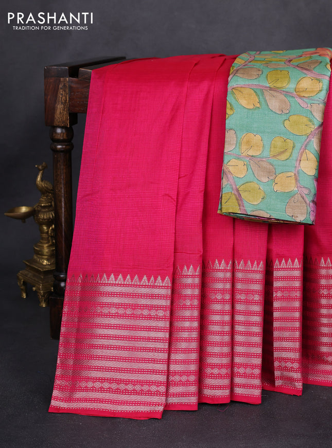Mangalgiri silk cotton saree pink and pastel green with palin body and long silver zari woven border
