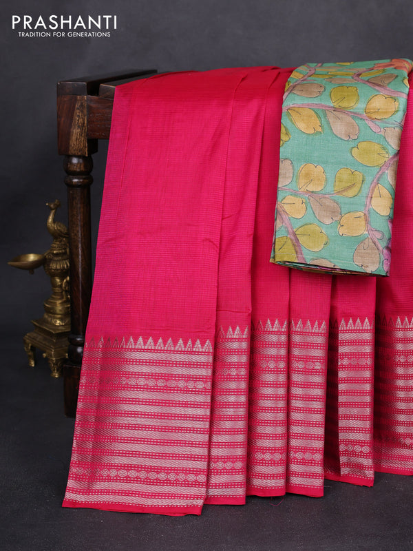 Mangalgiri silk cotton saree pink and pastel green with palin body and long silver zari woven border
