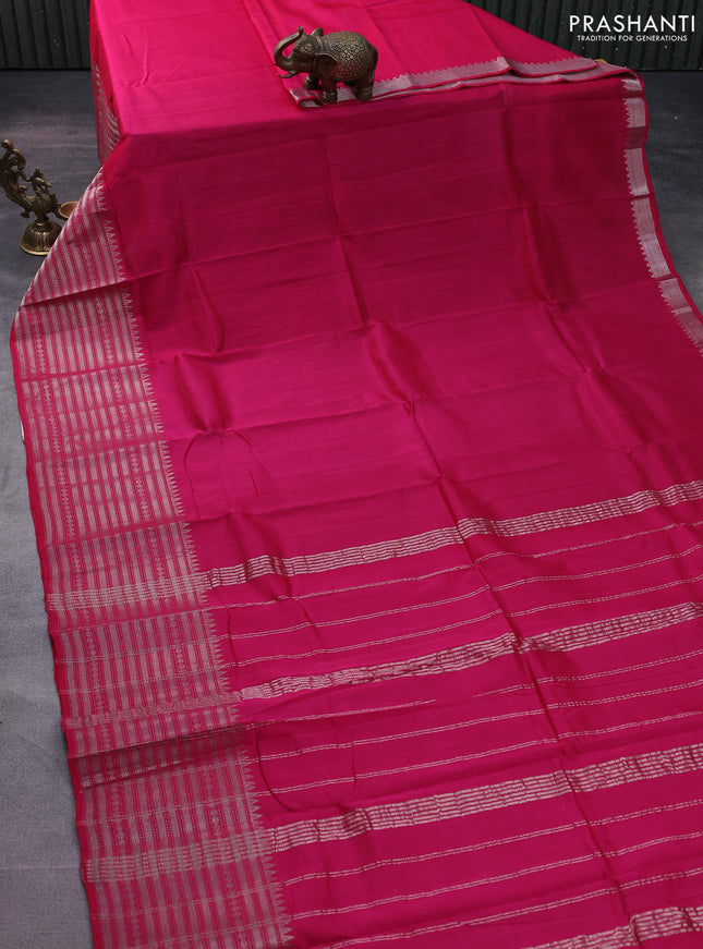 Mangalgiri silk cotton saree pink and pastel green with palin body and long silver zari woven border