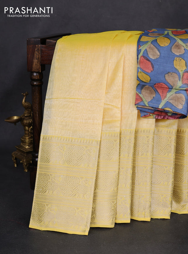 Mangalgiri silk cotton saree pale yellow and bluish grey with palin body and long annam silver zari woven border