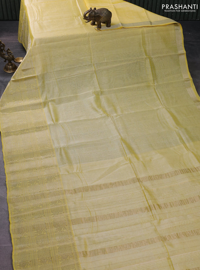 Mangalgiri silk cotton saree pale yellow and bluish grey with palin body and long annam silver zari woven border