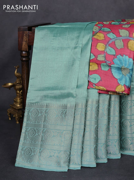 Mangalgiri silk cotton saree pastel green and maroon with palin body and long annam silver zari woven border