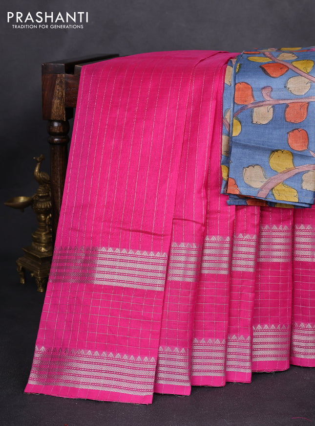Mangalgiri silk cotton saree pink and bluish grey with allover silver zari checked pattern and long silver zari woven border