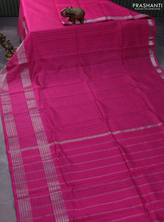 Mangalgiri silk cotton saree pink and bluish grey with allover silver zari checked pattern and long silver zari woven border