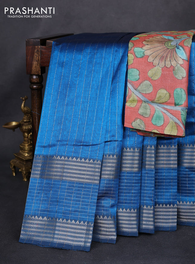 Mangalgiri silk cotton saree cs blue and rust shade with allover silver zari checked pattern and long silver zari woven border