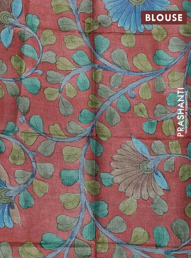 Mangalgiri silk cotton saree cs blue and rust shade with allover silver zari checked pattern and long silver zari woven border