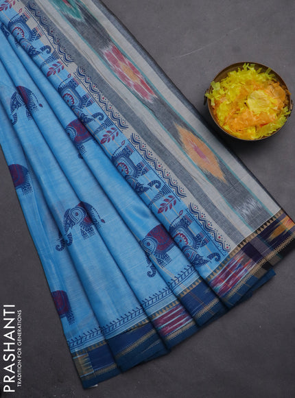 Narayanpet cotton saree light blue and peacock blue with block prints and thread woven border